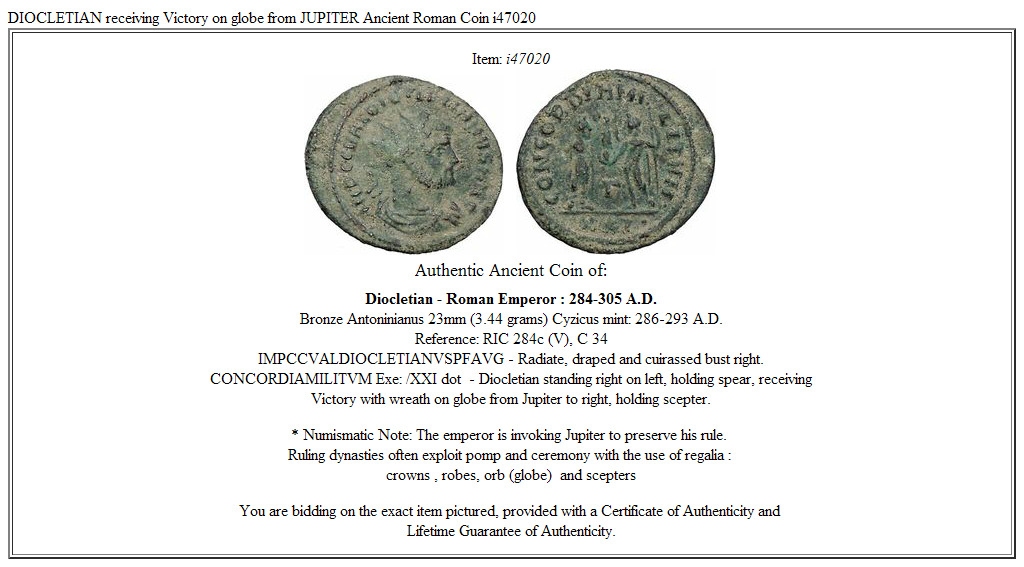 DIOCLETIAN receiving Victory on globe from JUPITER Ancient Roman Coin i47020