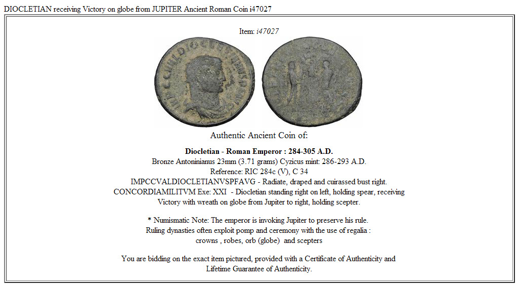 DIOCLETIAN receiving Victory on globe from JUPITER Ancient Roman Coin i47027