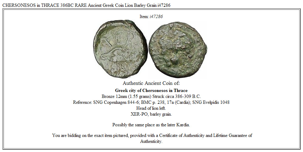 CHERSONESOS in THRACE 386BC RARE Ancient Greek Coin Lion Barley Grain i47286