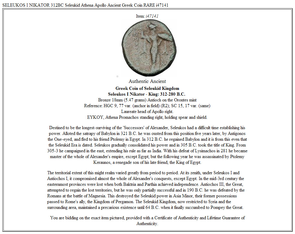 SELEUKOS I NIKATOR 312BC Seleukid Athena Apollo Ancient Greek Coin RARE i47141