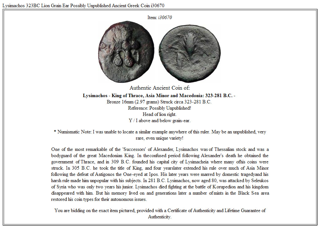 Lysimachos 323BC Lion Grain Ear Possibly Unpublished Ancient Greek Coin i30670