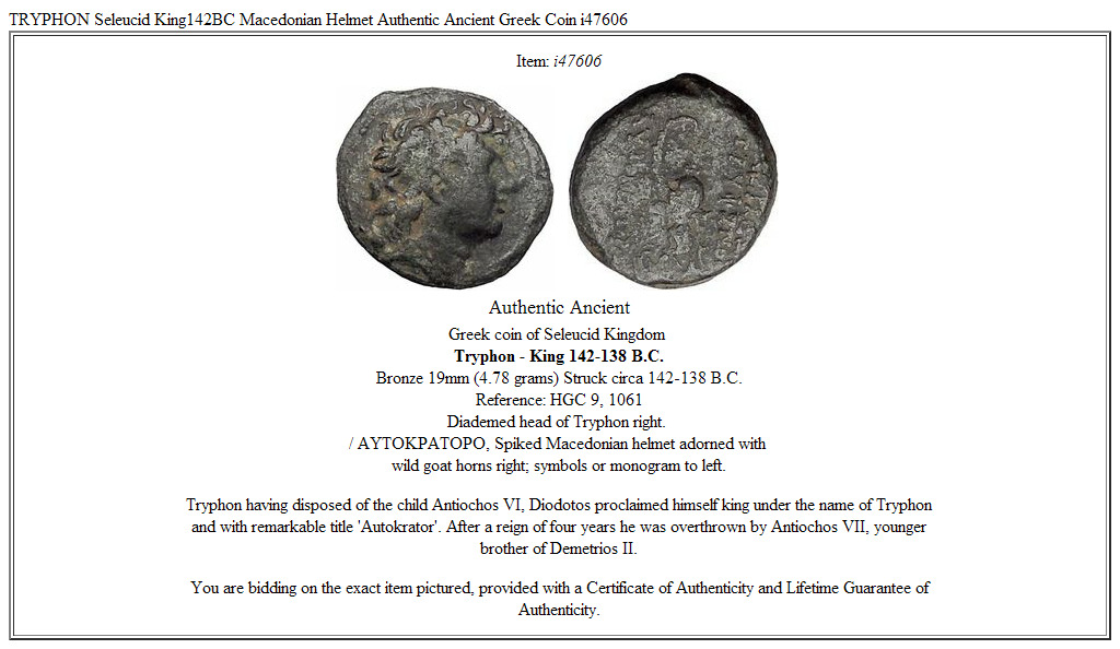 TRYPHON Seleucid King142BC Macedonian Helmet Authentic Ancient Greek Coin i47606
