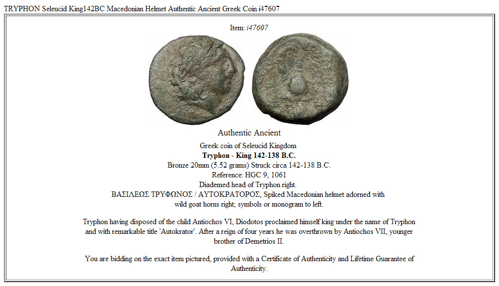 TRYPHON Seleucid King142BC Macedonian Helmet Authentic Ancient Greek Coin i47607