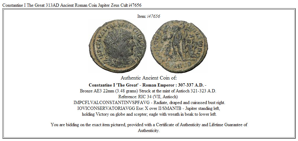 Constantine I The Great 313AD Ancient Roman Coin Jupiter Zeus Cult i47656