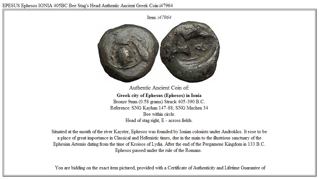 EPESUS Ephesos IONIA 405BC Bee Stag's Head Authentic Ancient Greek Coin i47964