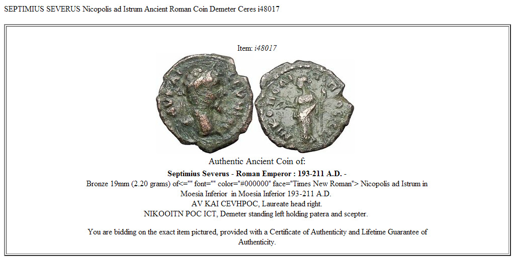 SEPTIMIUS SEVERUS Nicopolis ad Istrum Ancient Roman Coin Demeter Ceres i48017