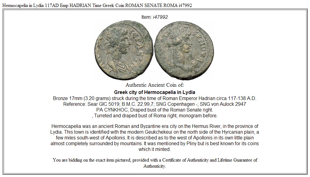 Hermocapelia in Lydia 117AD Emp HADRIAN Time Greek Coin ROMAN SENATE ROMA i47992