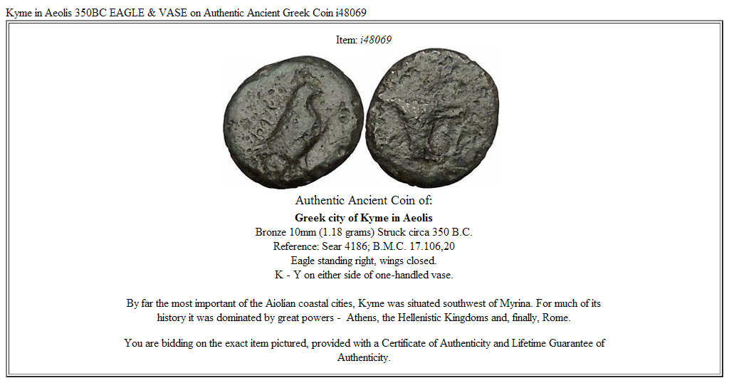 Kyme in Aeolis 350BC EAGLE & VASE on Authentic Ancient Greek Coin i48069