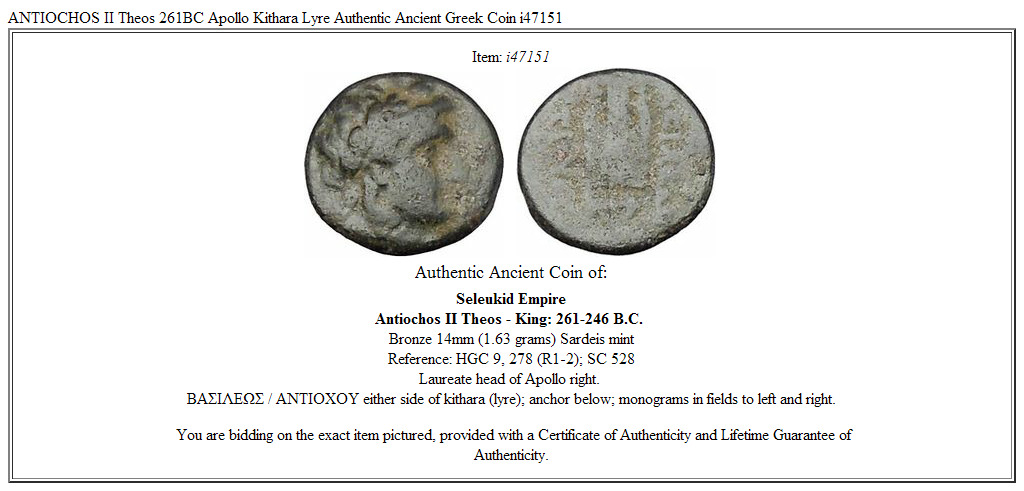 ANTIOCHOS II Theos 261BC Apollo Kithara Lyre Authentic Ancient Greek Coin i47151