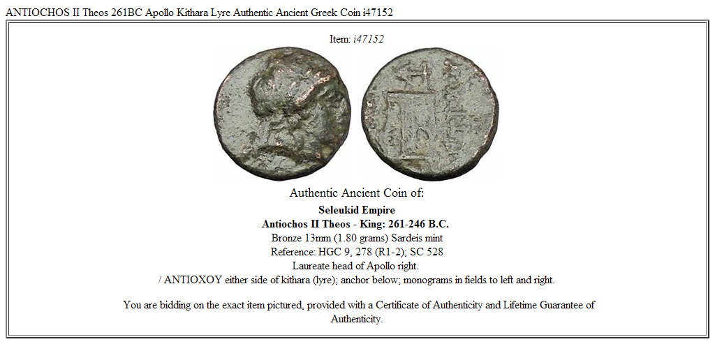 ANTIOCHOS II Theos 261BC Apollo Kithara Lyre Authentic Ancient Greek Coin i47152