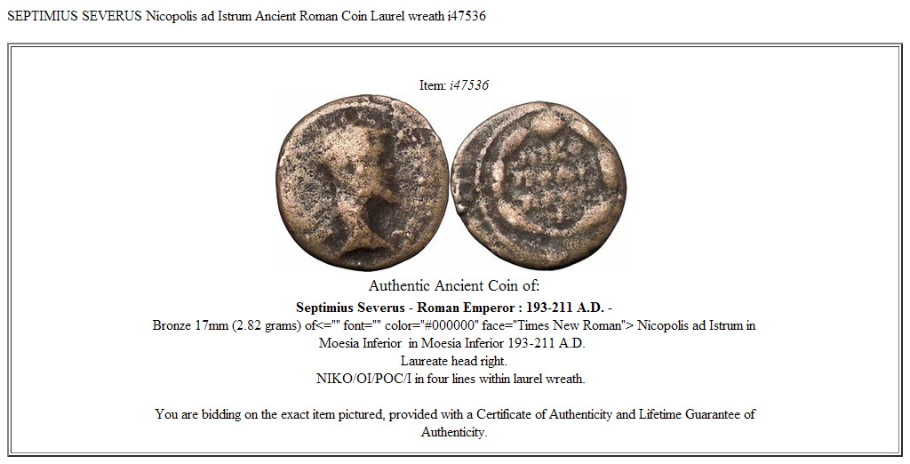 SEPTIMIUS SEVERUS Nicopolis ad Istrum Ancient Roman Coin Laurel wreath i47536