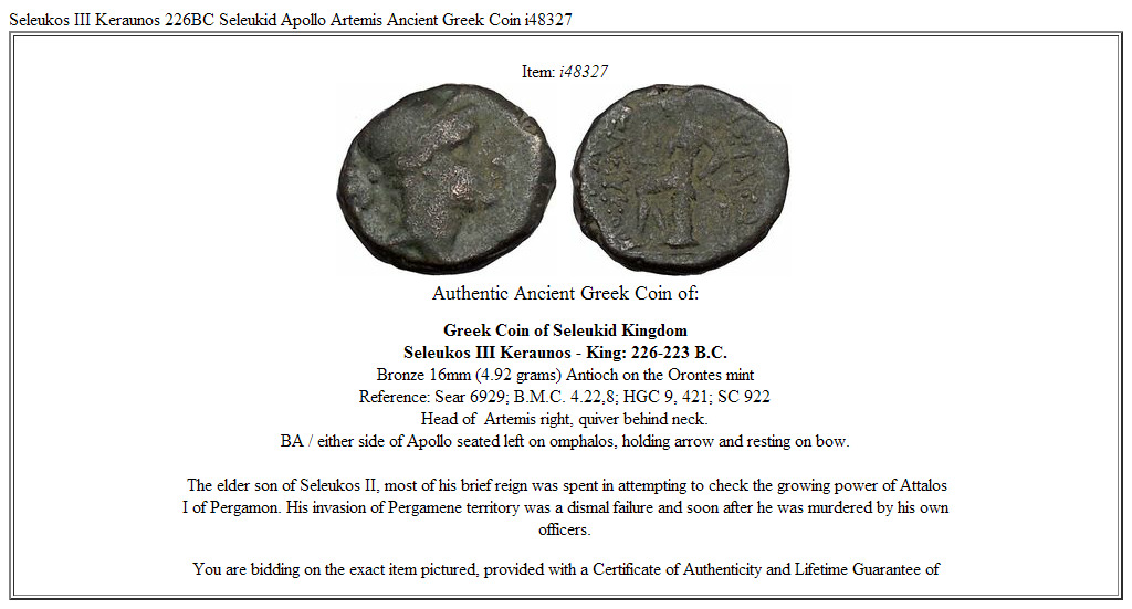 Seleukos III Keraunos 226BC Seleukid Apollo Artemis Ancient Greek Coin i48327