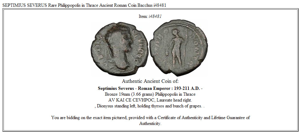 SEPTIMIUS SEVERUS Rare Philippopolis in Thrace Ancient Roman Coin Bacchus i48481