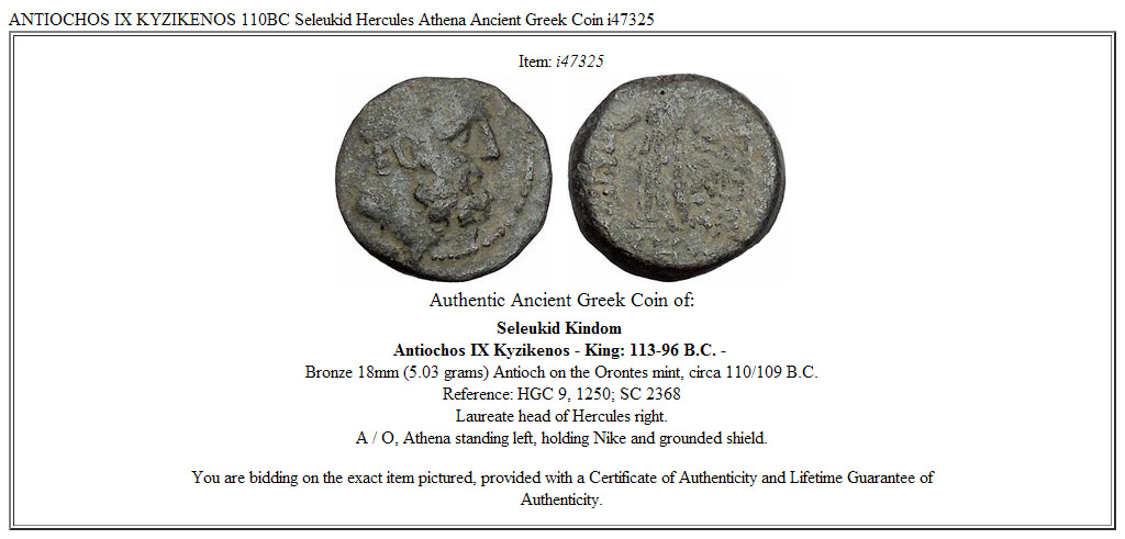 ANTIOCHOS IX KYZIKENOS 110BC Seleukid Hercules Athena Ancient Greek Coin i47325