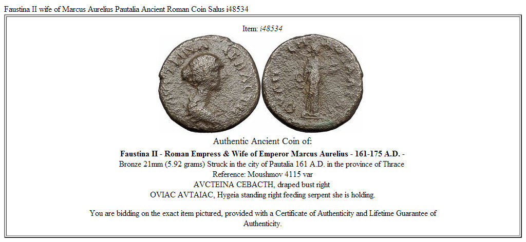 Faustina II wife of Marcus Aurelius Pautalia Ancient Roman Coin Salus i48534