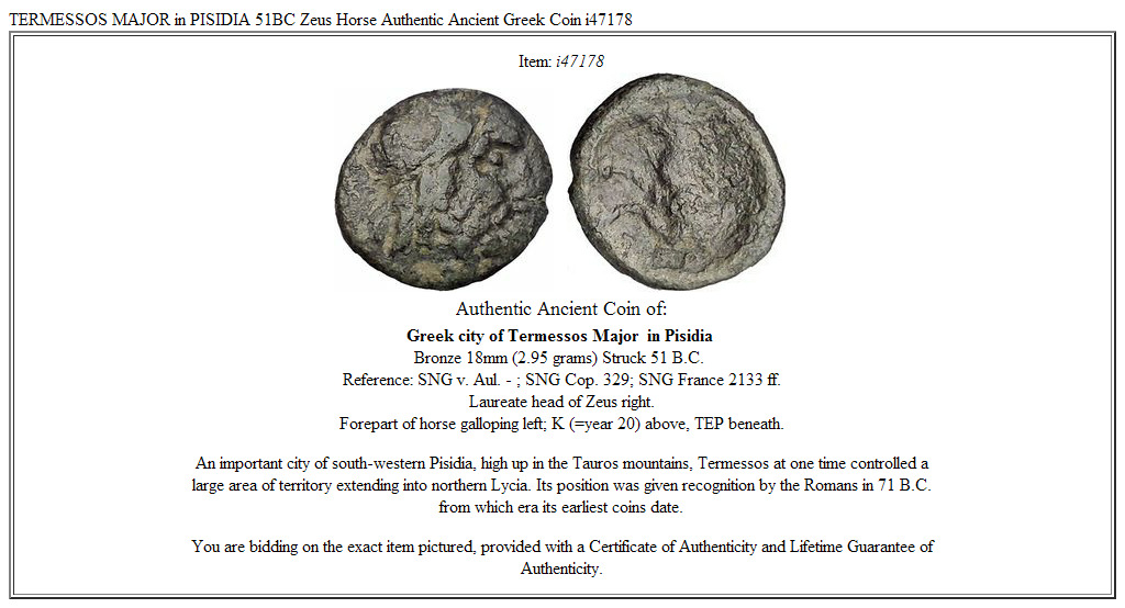 TERMESSOS MAJOR in PISIDIA 51BC Zeus Horse Authentic Ancient Greek Coin i47178