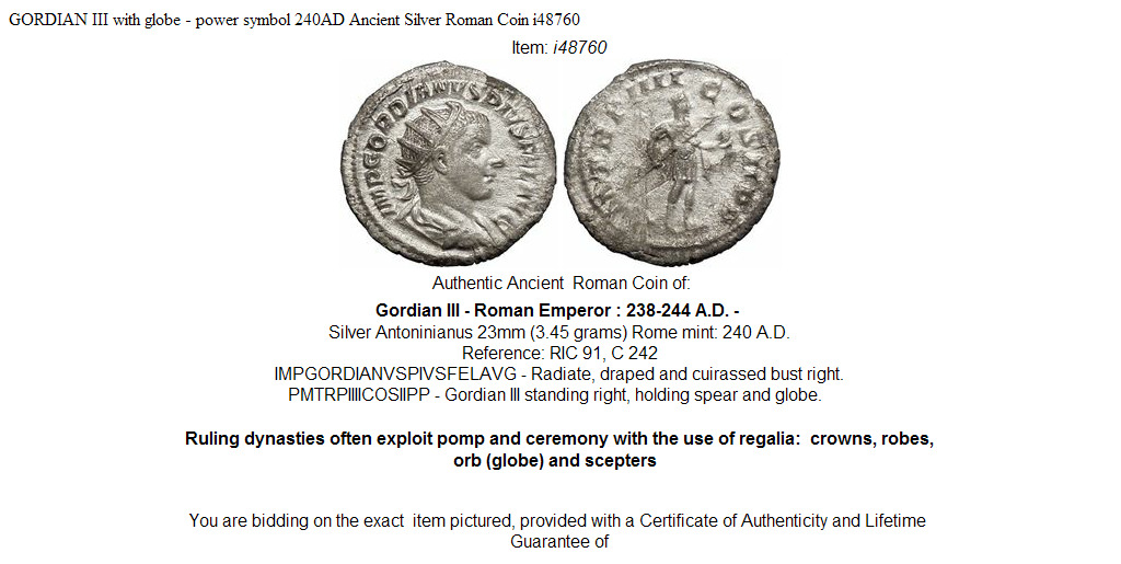 GORDIAN III with globe - power symbol 240AD Ancient Silver Roman Coin i48760