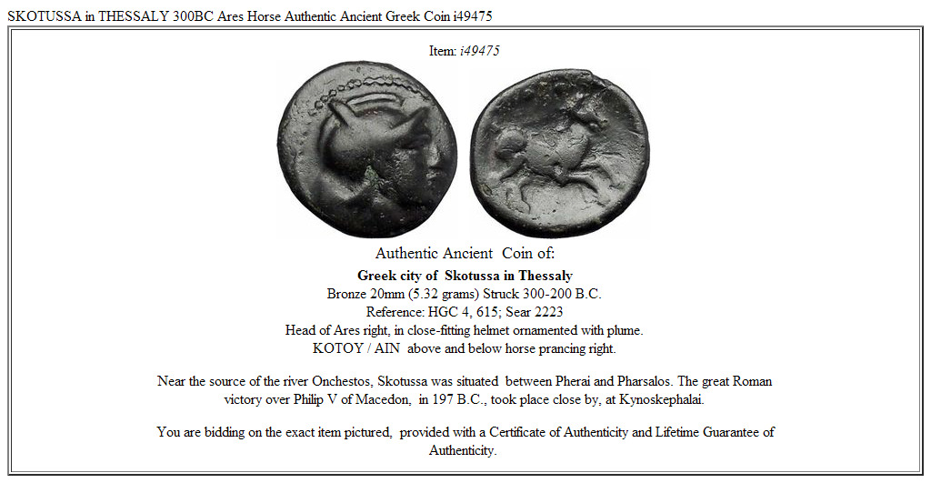 SKOTUSSA in THESSALY 300BC Ares Horse Authentic Ancient Greek Coin i49475