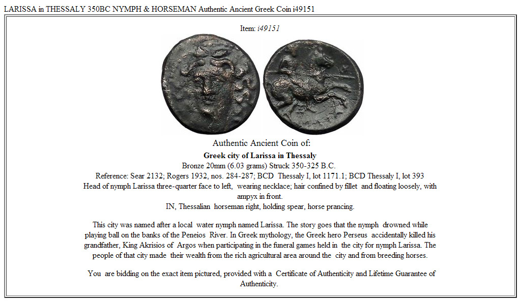 LARISSA in THESSALY 350BC NYMPH & HORSEMAN Authentic Ancient Greek Coin i49151