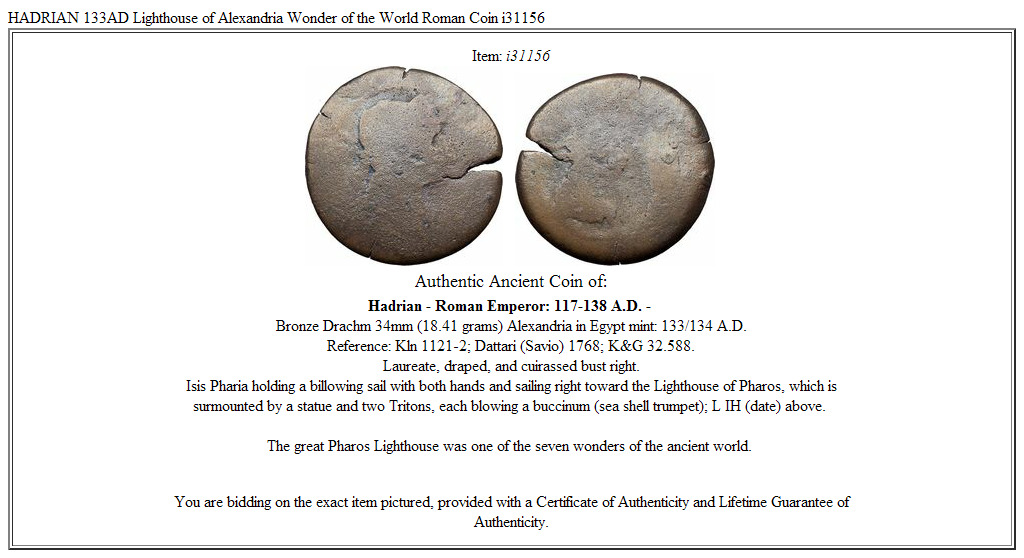HADRIAN 133AD Lighthouse of Alexandria Wonder of the World Roman Coin i31156