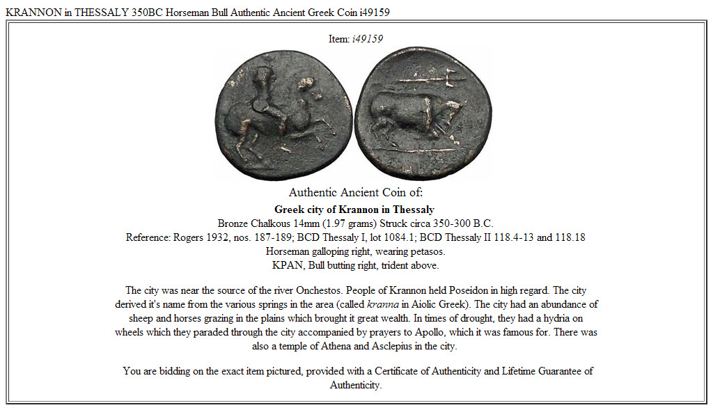 KRANNON in THESSALY 350BC Horseman Bull Authentic Ancient Greek Coin i49159