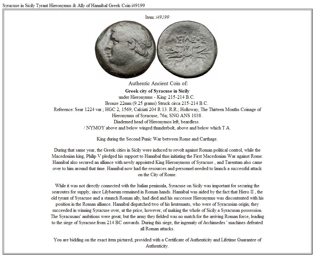 Syracuse in Sicily Tyrant Hieronymus & Ally of Hannibal Greek Coin i49199