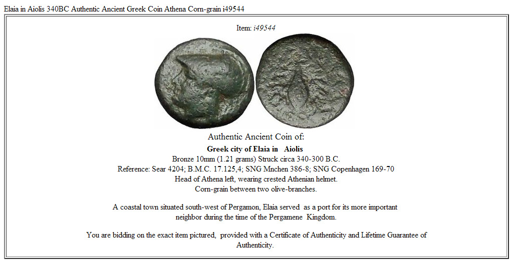 Elaia in Aiolis 340BC Authentic Ancient Greek Coin Athena Corn-grain i49544