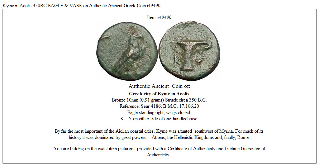 Kyme in Aeolis 350BC EAGLE & VASE on Authentic Ancient Greek Coin i49490