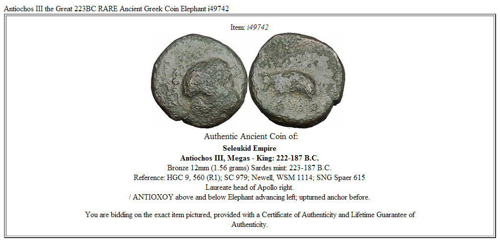 Antiochos III the Great 223BC RARE Ancient Greek Coin Elephant i49742