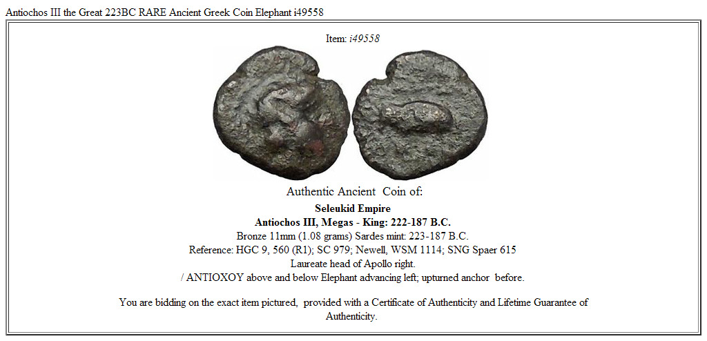 Antiochos III the Great 223BC RARE Ancient Greek Coin Elephant i49558