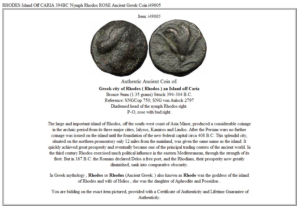 RHODES Island Off CARIA 394BC Nymph Rhodos ROSE Ancient Greek Coin i49605