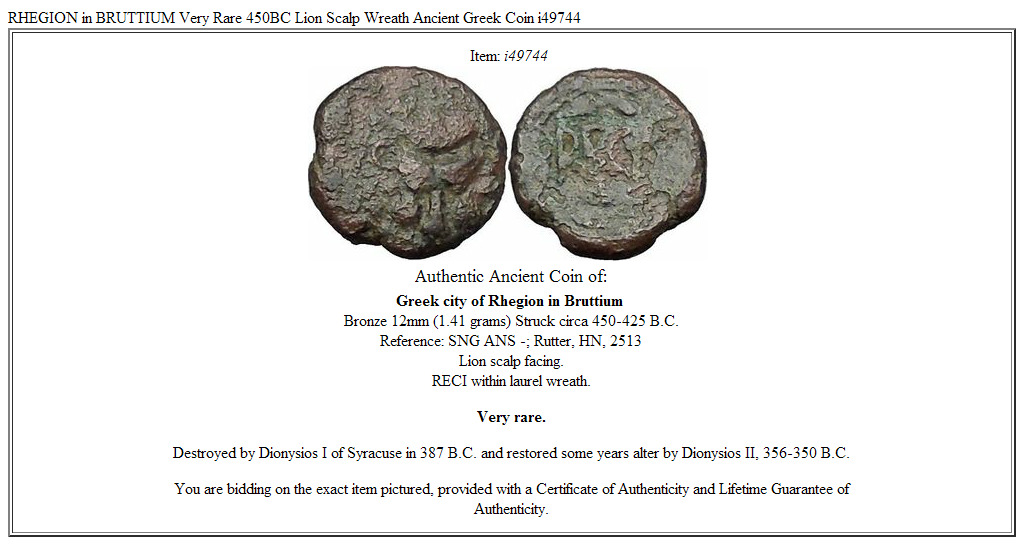 RHEGION in BRUTTIUM Very Rare 450BC Lion Scalp Wreath Ancient Greek Coin i49744