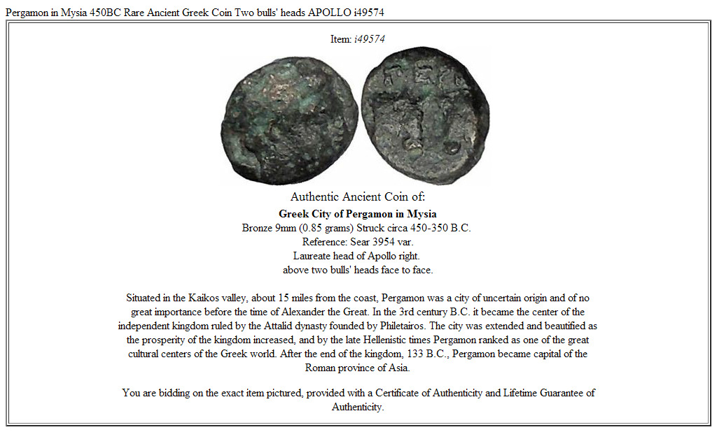 Pergamon in Mysia 450BC Rare Ancient Greek Coin Two bulls' heads APOLLO i49574