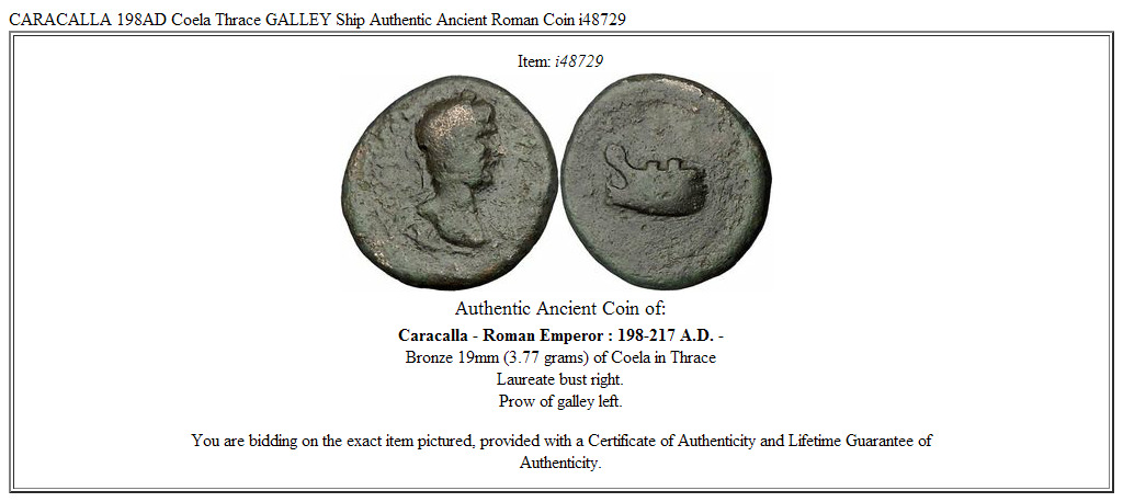 CARACALLA 198AD Coela Thrace GALLEY Ship Authentic Ancient Roman Coin i48729