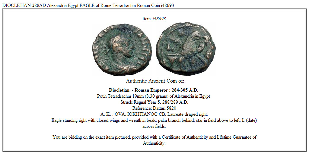 DIOCLETIAN 288AD Alexandria Egypt EAGLE of Rome Tetradrachm Roman Coin i48693