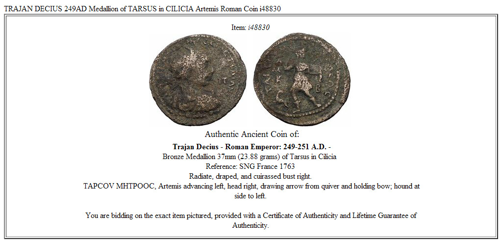 TRAJAN DECIUS 249AD Medallion of TARSUS in CILICIA Artemis Roman Coin i48830