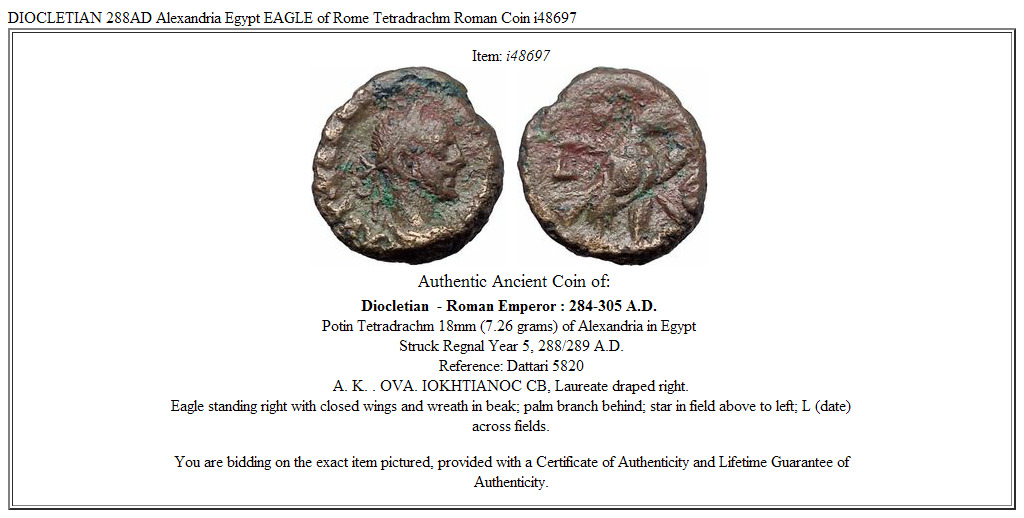 DIOCLETIAN 288AD Alexandria Egypt EAGLE of Rome Tetradrachm Roman Coin i48697