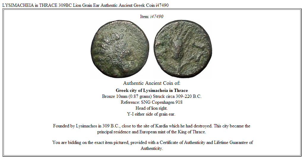 LYSIMACHEIA in THRACE 309BC Lion Grain Ear Authentic Ancient Greek Coin i47490