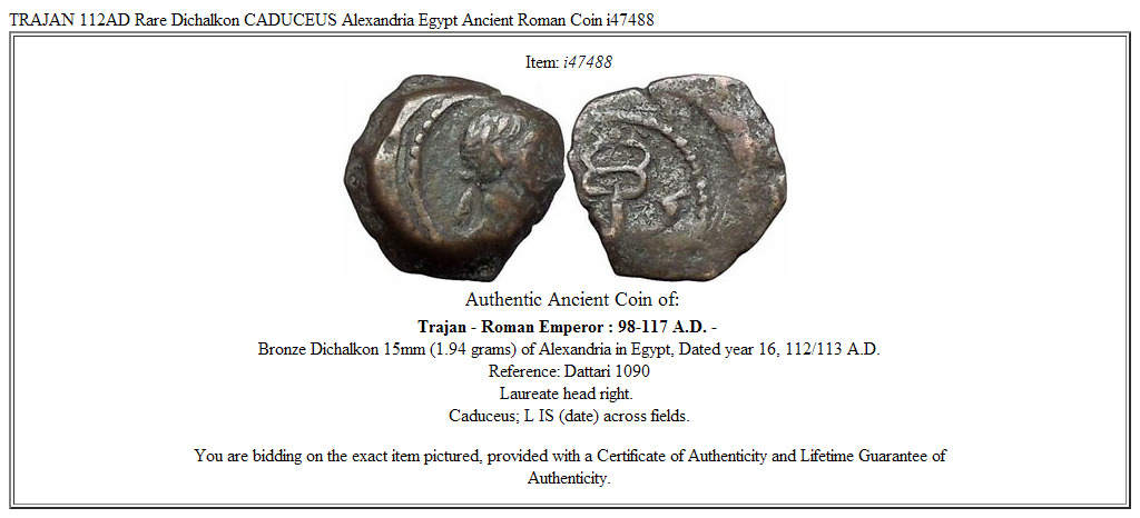 TRAJAN 112AD Rare Dichalkon CADUCEUS Alexandria Egypt Ancient Roman Coin i47488