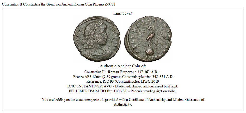 Constantius II Constantine the Great son Ancient Roman Coin Phoenix i50781