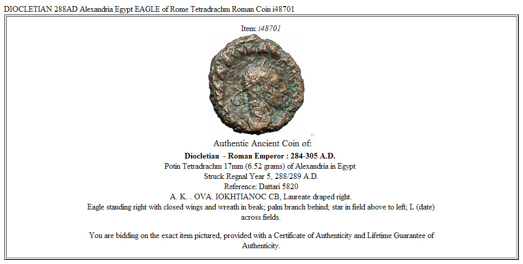 DIOCLETIAN 288AD Alexandria Egypt EAGLE of Rome Tetradrachm Roman Coin i48701