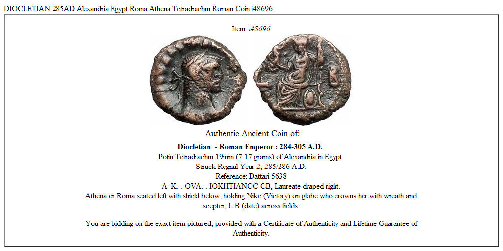 DIOCLETIAN 285AD Alexandria Egypt Roma Athena Tetradrachm Roman Coin i48696