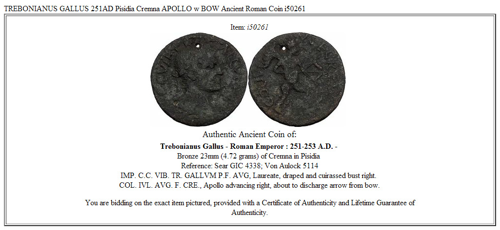 TREBONIANUS GALLUS 251AD Pisidia Cremna APOLLO w BOW Ancient Roman Coin i50261