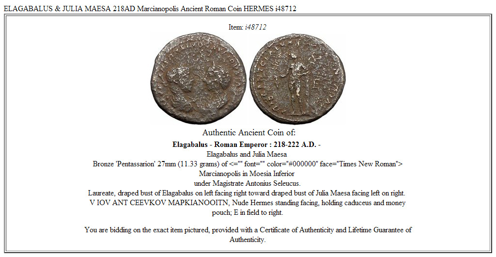 ELAGABALUS & JULIA MAESA 218AD Marcianopolis Ancient Roman Coin HERMES i48712