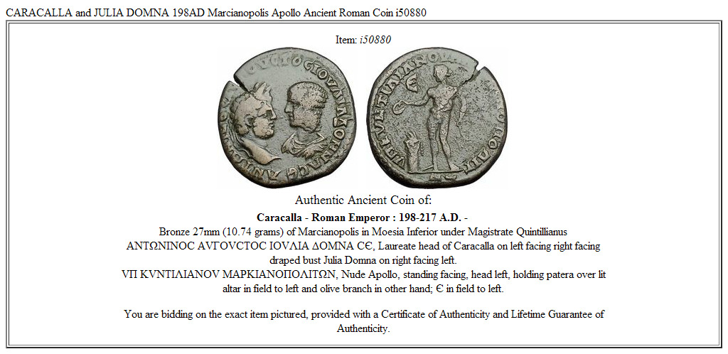 CARACALLA and JULIA DOMNA 198AD Marcianopolis Apollo Ancient Roman Coin i50880