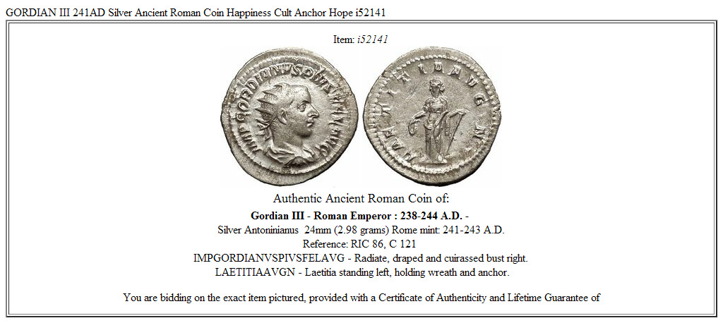 GORDIAN III 241AD Silver Ancient Roman Coin Happiness Cult Anchor Hope i52141