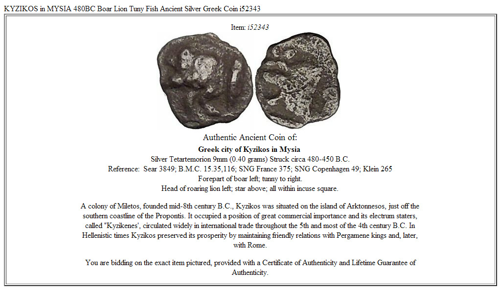 KYZIKOS in MYSIA 480BC Boar Lion Tuny Fish Ancient Silver Greek Coin i52343