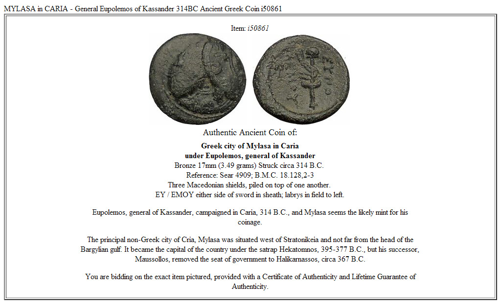 MYLASA in CARIA - General Eupolemos of Kassander 314BC Ancient Greek Coin i50861