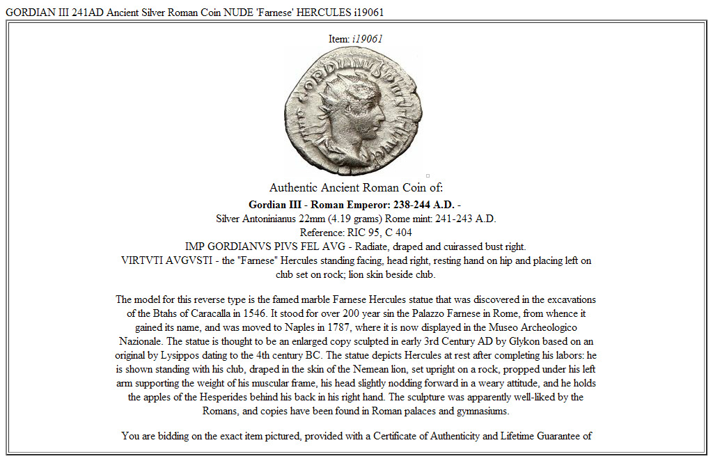 GORDIAN III 241AD Ancient Silver Roman Coin NUDE 'Farnese' HERCULES i19061