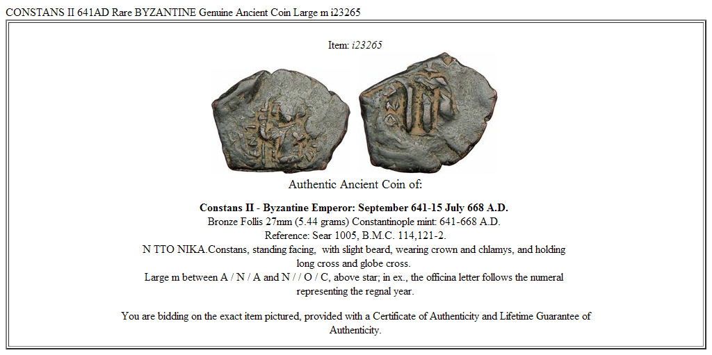 CONSTANS II 641AD Rare BYZANTINE Genuine Ancient Coin Large m i23265